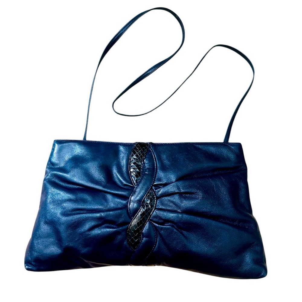 ASPECTS VINTAGE NAVY LEATHER & BLK PYTHON SHOULDER BAG.